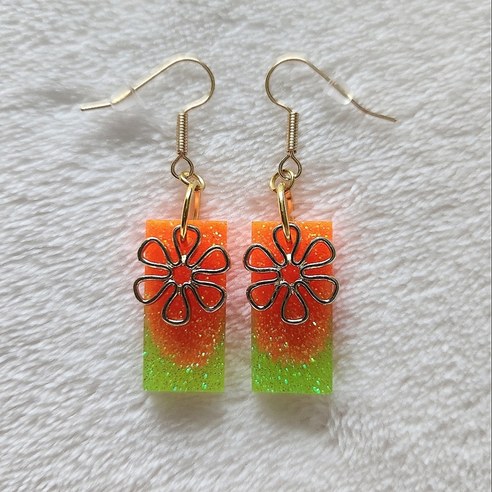 Vibrant Orange and Green Flower Earrings
